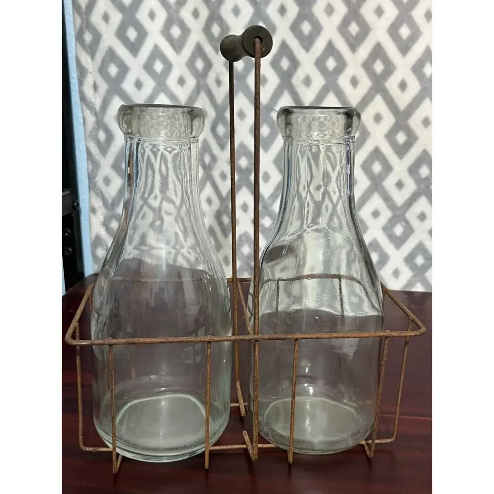 VTG Milk Bottles Rustic Metal Carrier Farmhouse Decor Cottage Core Dairy Cow - Picture 3 of 9